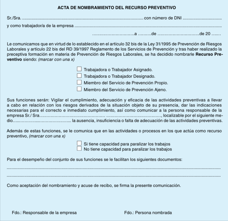Modelo de acta de nombramiento del recurso preventivo propuesto por el INSST en la NTP 994