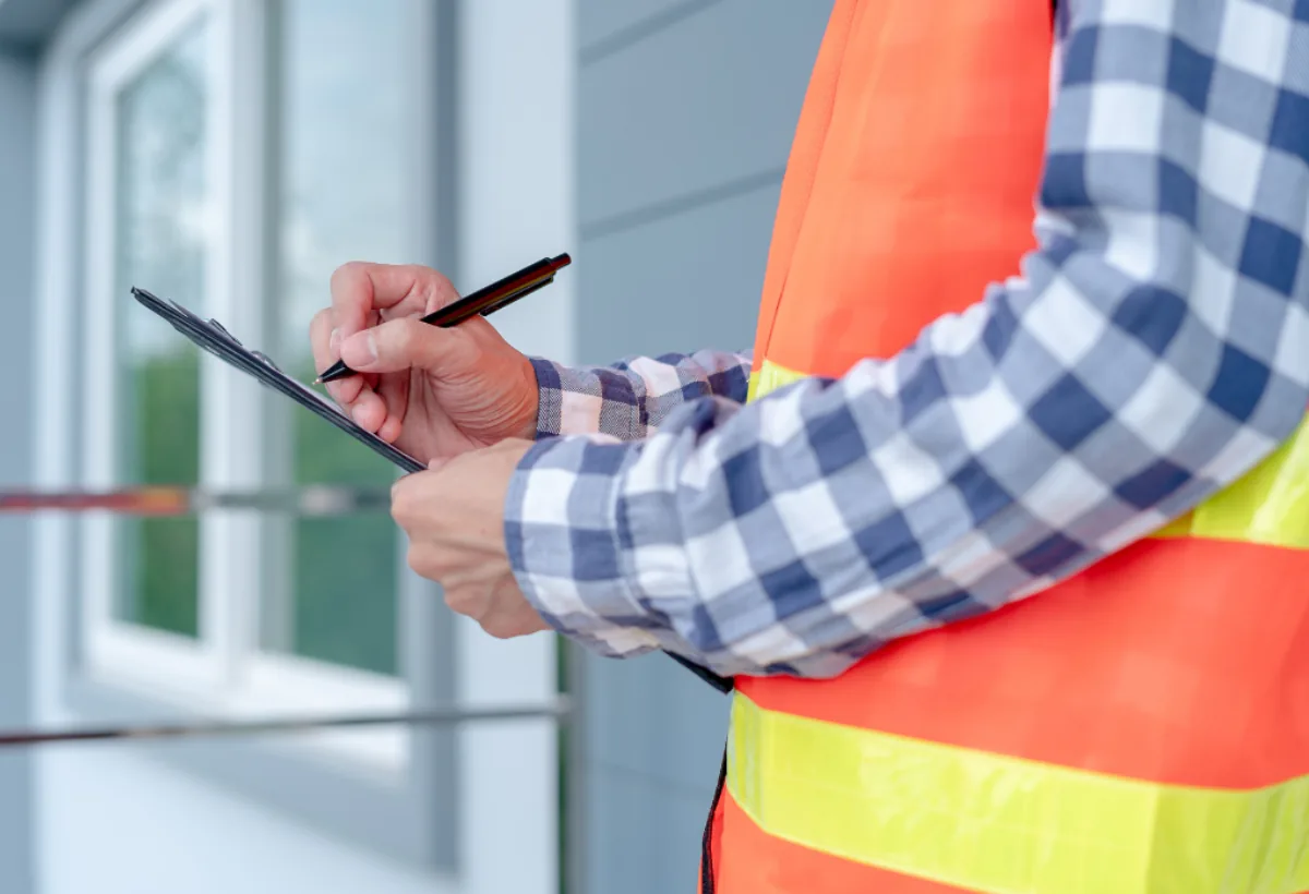 Trabajador con chaleco reflectante cumplimentando un documento en una carpeta a pie de obra