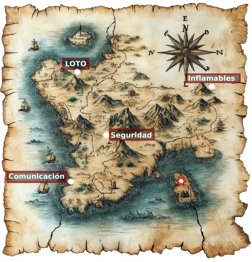 Mapa del tesoro de Safety Quest con las paradas LOTO, Inflamables, Seguridad y Comunicación