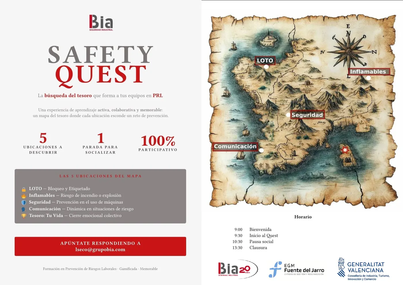 Cartel de Safety Quest: la búsqueda del tesoro que forma a tus equipos en PRL, con el mapa de las cinco ubicaciones, el horario y los logotipos de Bia Seguridad Industrial, EGM Fuente del Jarro y la Generalitat Valenciana